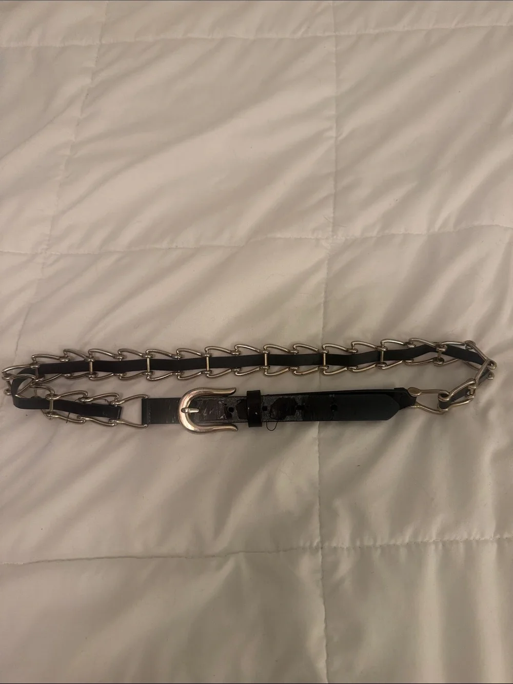 Black Leather Chain Belt with Silver Links